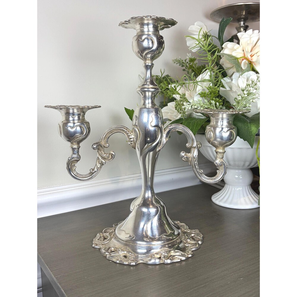 Antique Victor Silver Co. Quadruple Silver Plating 3-Light Candelabra Holder